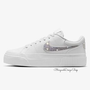 Women's Nike Court Legacy Lift White Sneakers Customized With Clear Crystals